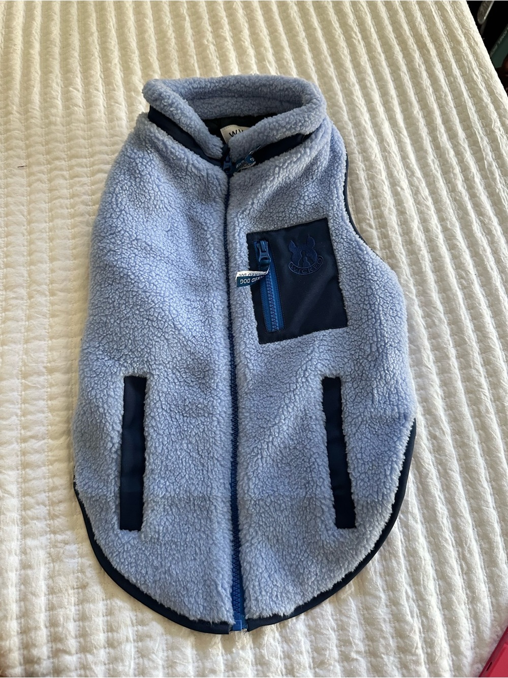 Light Blue Sherpa Dog Vest with Navy Trim